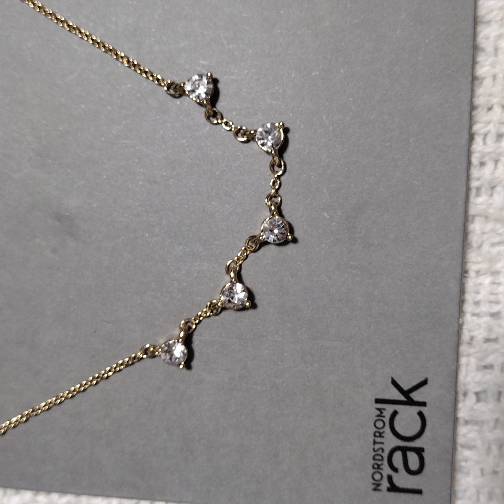 NWT Nordstrom Rack Gold Necklace with Clear Accents 15"+3" Extension - Picture 2 of 6
